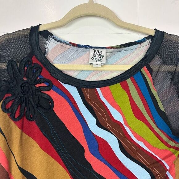 Ivy Jane Swirl Mesh Long Sleeve Top Womens Small Black Multicolor Abstract Retro - Picture 7 of 10